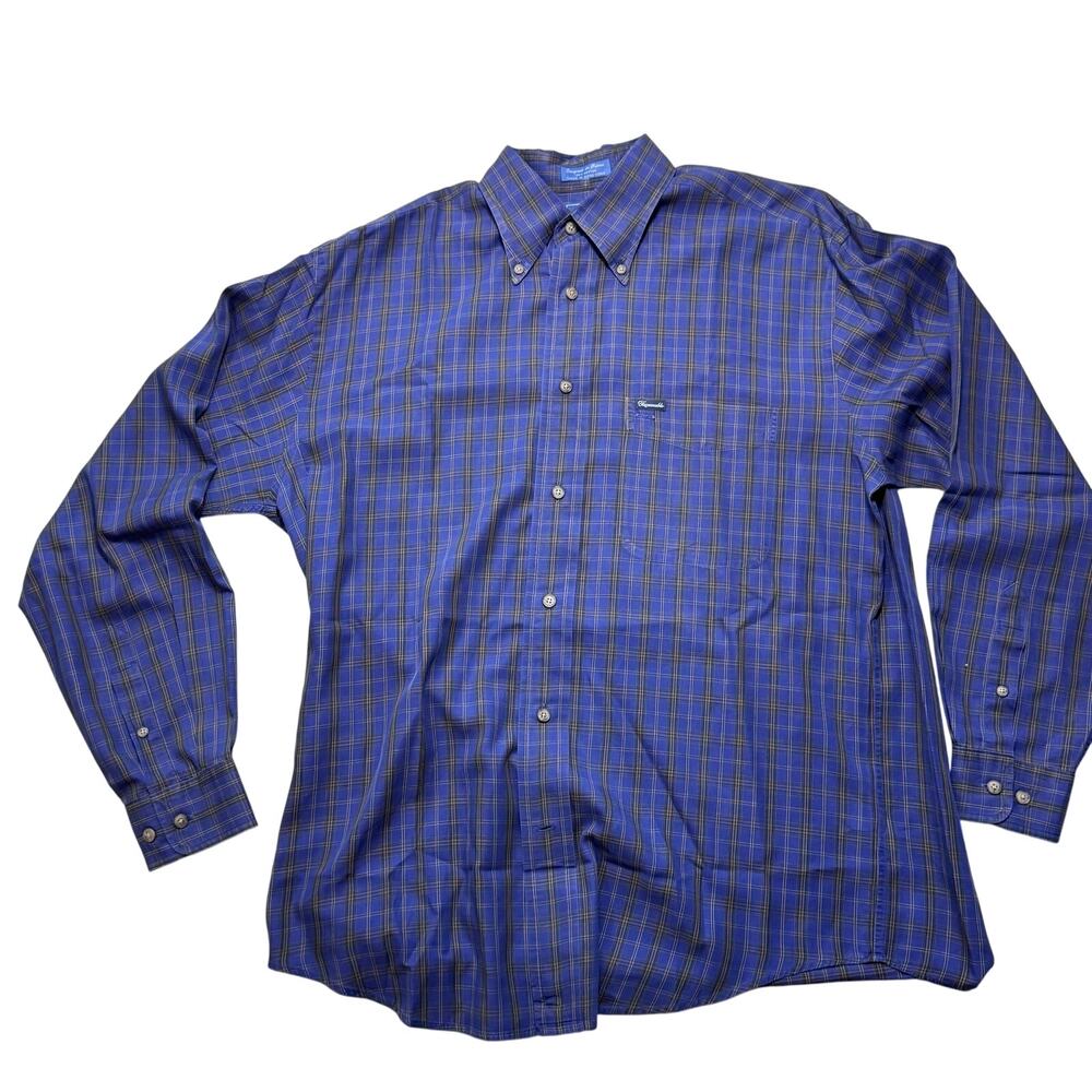 Faconnable Button Down Plaid Classic Shirt Long Sleeve Pocket Blue Men's Medium